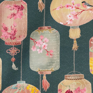 Green Asian lantern cotton blend fabric with cherry blossom design